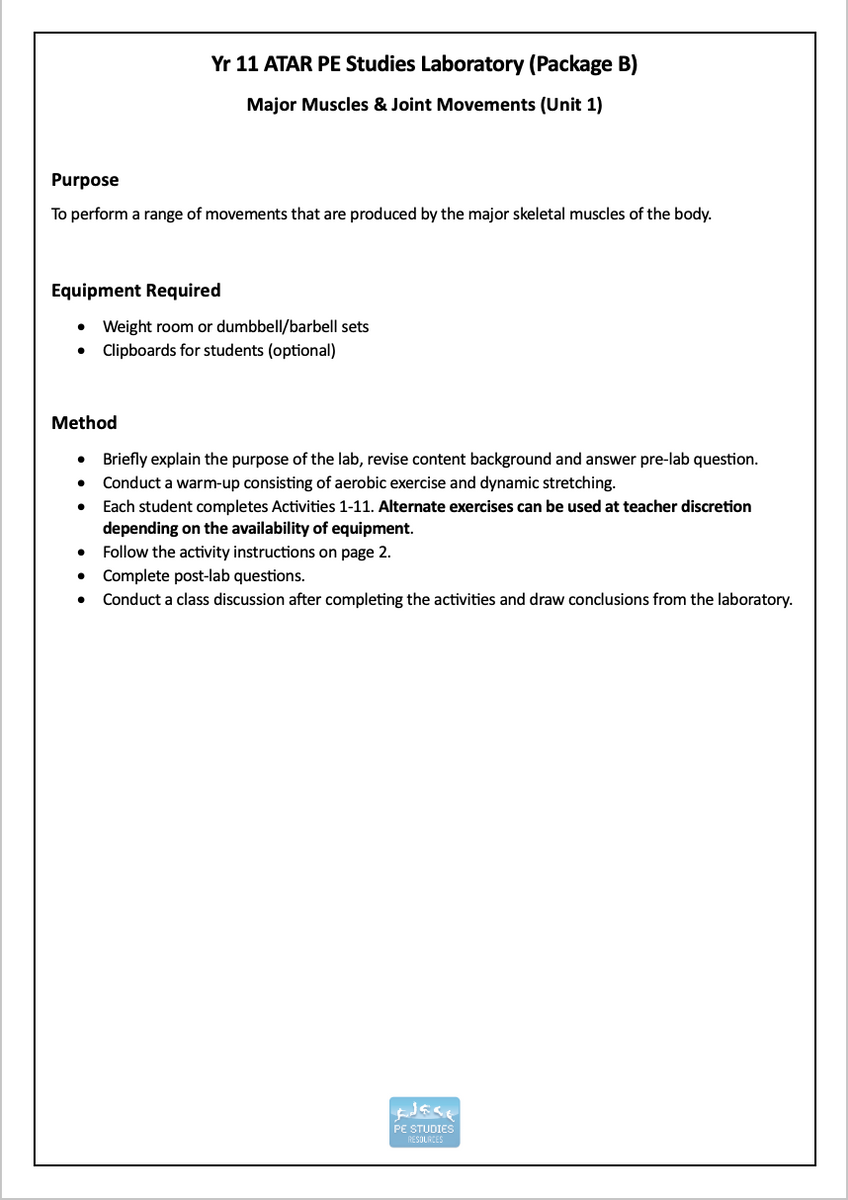 ATAR Unit 1 & 2 Lab Package B (WACE) – PE Studies Resources