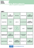 Ex-Phys Bingo card with health and nutrition topics on a green background