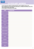 Glossary words list with terms and descriptions on a white background