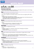 Notes page on holistic health with definitions and impacts of stress, early life experiences, social exclusion, work conditions, and food access.