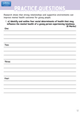 Practice questions sheet on a white background with text about social determinants of health.