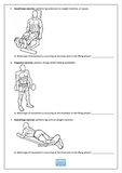 Sheet with exercise illustrations and questions about joint movements during exercises.