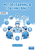 Cover of 'Motor Learning & Coaching Bingo' book with icons and text on a blue background