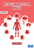 Muscular system bingo card with illustrations of muscles on a red background