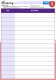 Glossary sheet with columns for term and description on a purple and white background