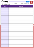 Glossary sheet with columns for term and description on a purple background