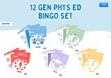 12 Gen Phys Ed Bingo Set with various themed cards on a light blue background