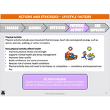 Chart detailing lifestyle factors including tobacco, alcohol, nutrition, physical activity, and sun exposure with a focus on physical activity.