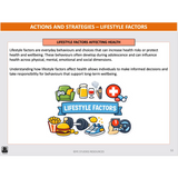 Slide about lifestyle factors affecting health with icons and text on a white background.