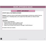 Educational slide about beliefs, attitudes, and values with a focus on health myths and facts.