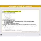 Syllabus slide titled 'Actions & Strategies' with health-related topics listed.