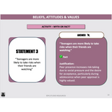 Educational slide about beliefs, attitudes, and values with a statement and answer on teenagers taking risks.