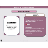 Slide from a presentation about beliefs, attitudes, and values with a question on screen usage before bed.