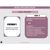Educational slide about beliefs, attitudes, and values with a statement and justification on sleep deprivation.