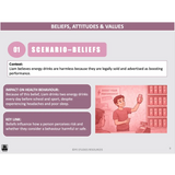 Educational slide about beliefs, attitudes, and values with a statement and answer on skipping meals.