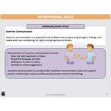 Slide about assertive communication styles in interpersonal skills with text and illustrations.