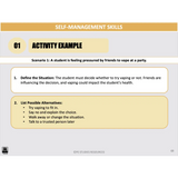 Educational slide on self-management skills with a scenario and decision-making steps.