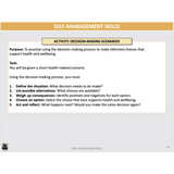 Educational slide about self-management skills focusing on decision-making scenarios.