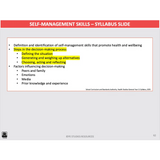Slide titled 'Self-Management Skills - Syllabus Slide' with text on self-management skills and decision-making process.