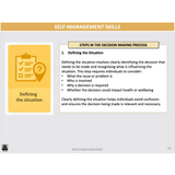 Slide from a presentation on self-management skills with text about decision-making process.