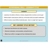 Slide on interpersonal skills focusing on leadership styles with text and bullet points.